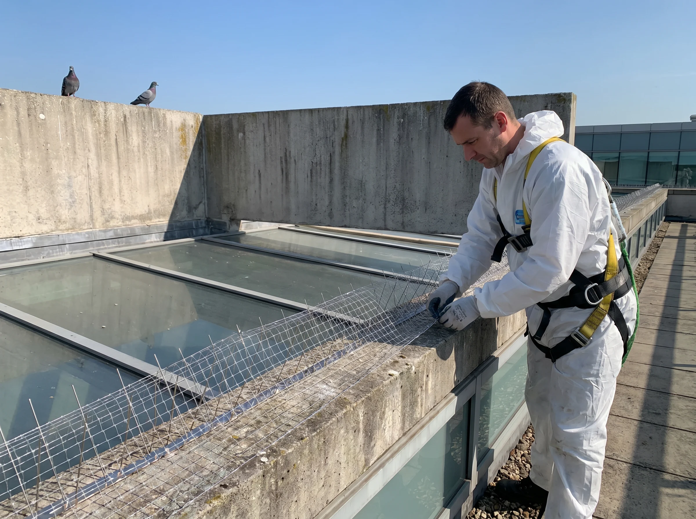 Técnico instalando malla y espículas para control de palomas