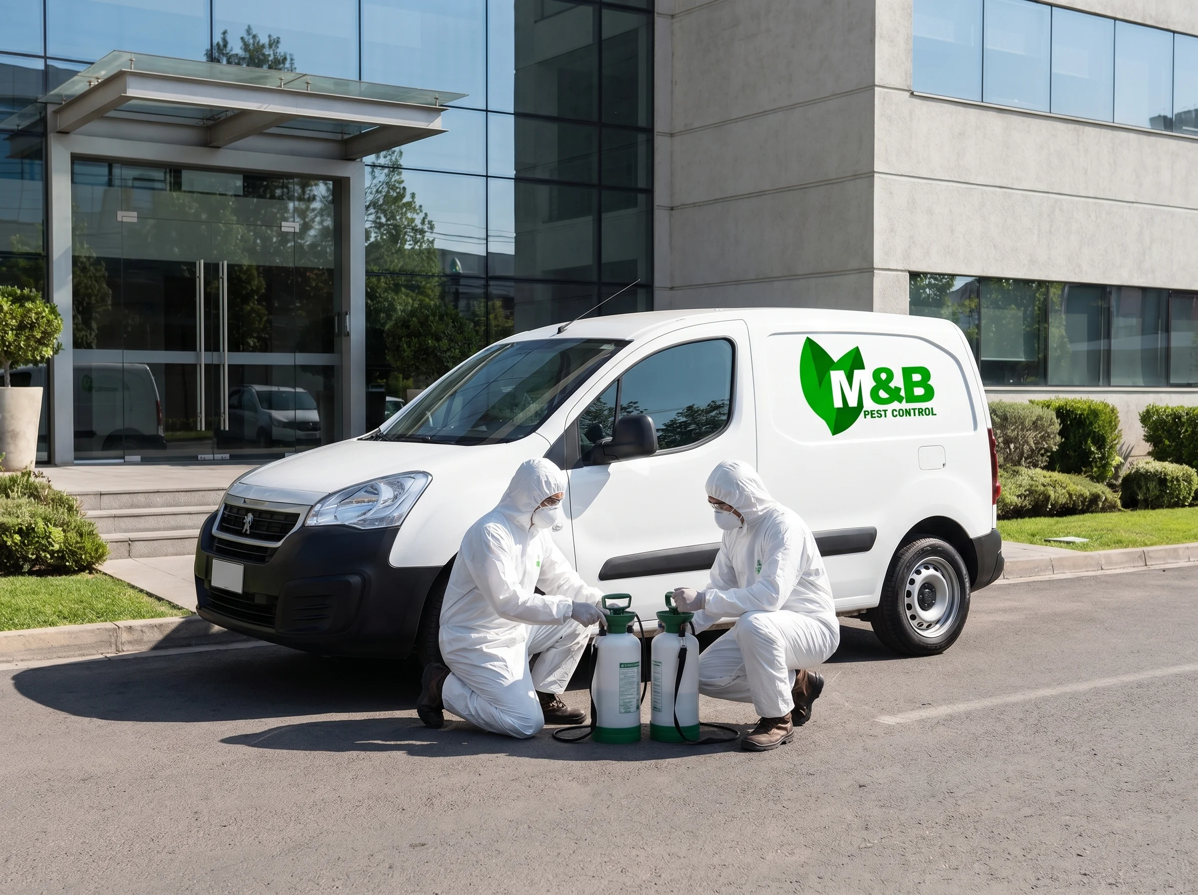 Demo MB Pest Control con equipo técnico y camioneta de servicio
